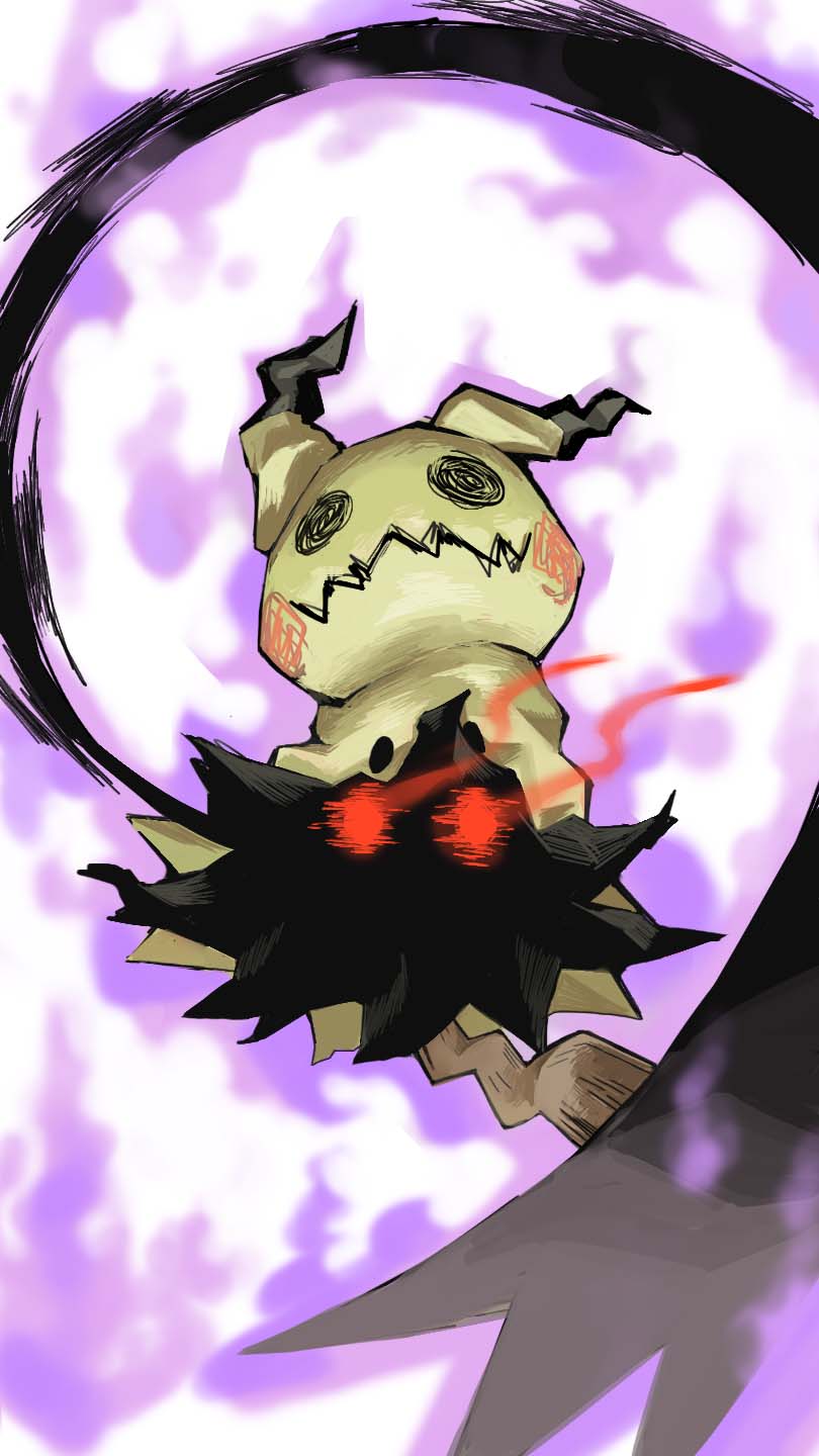 claws commentary_request from_below gen_7_pokemon ghost glowing glowing_eyes highres looking_at_viewer mimikyu mon!_(monmonlezard) no_humans pokemon pokemon_(creature) red_eyes