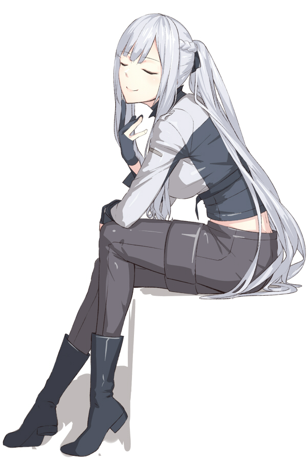 1girl ak-12_(girls_frontline) bangs black_ribbon boots braid breasts closed_eyes from_side girls_frontline gloves hair_ribbon invisible_chair kageshio_(276006) large_breasts lips long_hair pants partly_fingerless_gloves ponytail ribbon sidelocks silver_hair sitting smile solo tactical_clothes