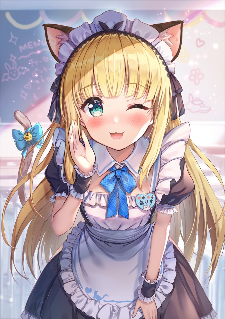 1girl akabane_(zebrasmise) animal_ears apron bent_over blonde_hair blue_eyes blurry blurry_background blush cat_ears cat_tail classroom commentary_request looking_at_viewer maid maid_headdress mononobe_alice nijisanji one_eye_closed ribbon solo tail tail_ribbon virtual_youtuber