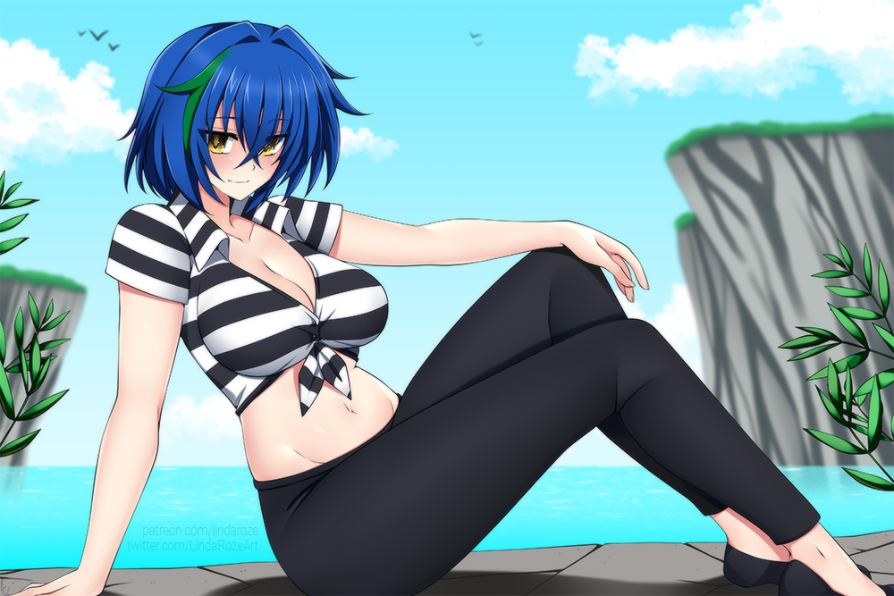 1girl arm_rest arm_support bird black_footwear black_pants blue_hair breasts cliff collarbone commentary commission english_commentary front-tie_top green_hair hair_between_eyes hair_intakes high_school_dxd large_breasts lindaroze looking_at_viewer multicolored_hair ocean outdoors pants plant shirt shoes short_sleeves sitting solo striped striped_shirt tight tight_pants xenovia_quarta yellow_eyes