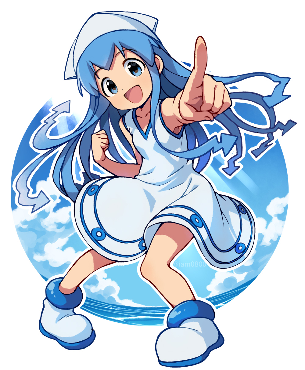 1girl :d bangs blue_eyes blue_hair blue_sky breasts clouds cloudy_sky commentary_request dress full_body hat highres ikamusume long_hair looking_at_viewer medium_dress ocean open_mouth outline pointing pointing_at_viewer sayshownen shinryaku!_ikamusume shoes sky sleeveless sleeveless_dress small_breasts smile solo squid_hat standing tentacle_hair twitter_username watermark white_dress white_footwear white_headwear white_outline