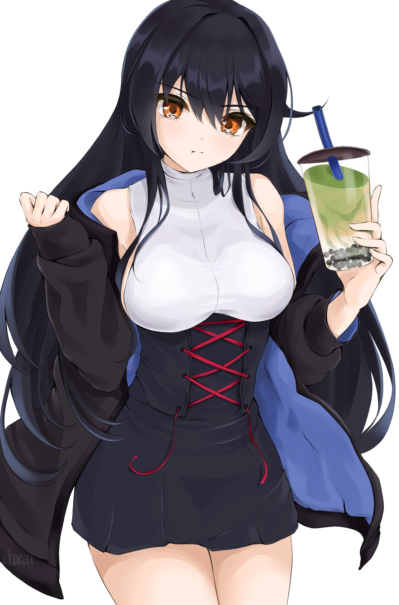 1girl :t bangs bare_shoulders black_hair black_jacket black_skirt blush borrowed_character breasts bubble_tea chaesu corset cross-laced_clothes drink hair_between_eyes hands_up highres holding holding_drink jacket long_hair looking_at_viewer medium_breasts off-shoulder_jacket orange_eyes original pout shirt skirt sleeveless sleeveless_shirt solo thighs yoru_(ei1han)