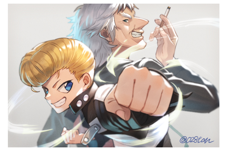 2boys back-to-back blonde_hair blue_eyes cigarette commentary fighting_stance grin jacket jido_(konjiki_no_gash!!) konjiki_no_gash!! multiple_boys otton pompadour simple_background smile smoke smoking spiky_hair ted_(konjiki_no_gash!!) twitter_username white_hair