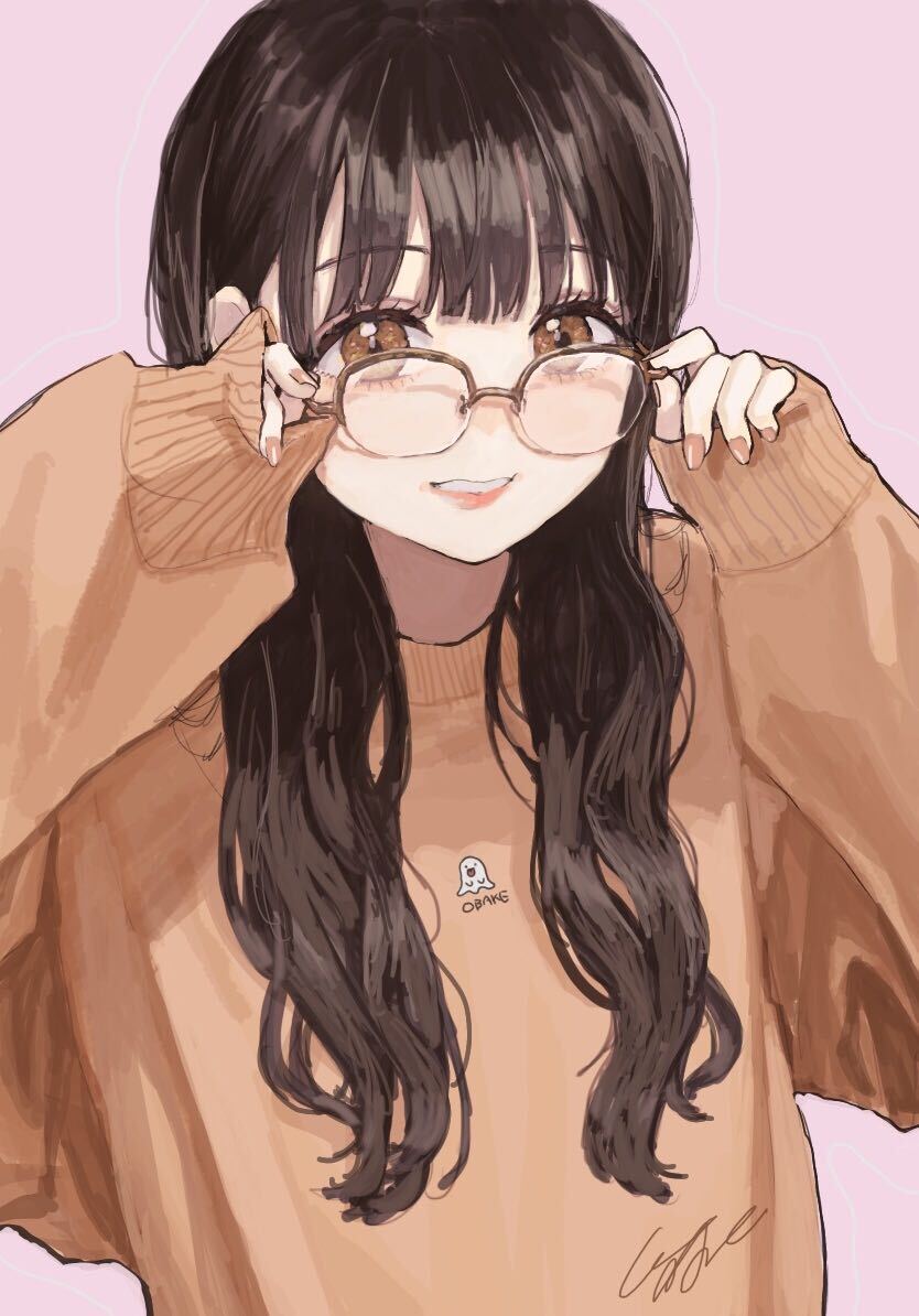 1girl adjusting_eyewear baggy_clothes brown_eyes brown_hair brown_sweater eyebrows_visible_through_hair glasses hands_up long_hair long_sleeves looking_at_viewer open_mouth original pomu signature simple_background smile solo sweater upper_teeth