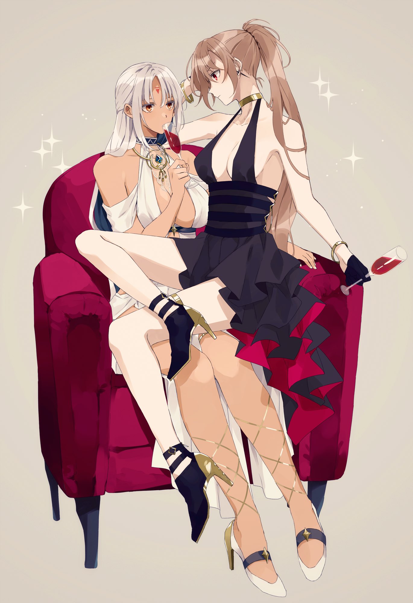 2girls alcohol amazuki_jou azur_lane black_dress body_markings center_opening cocktail_dress cup dress drinking_glass evening_gown facial_mark forehead_mark goblet gold_bracelet gold_choker halter_dress high-waist_sideboob high_heels highres jean_bart_(azur_lane) jean_bart_(uninhibited_bloodstone)_(azur_lane) light_brown_hair massachusetts_(azur_lane) massachusetts_(dressed_to_impress)_(azur_lane) multiple_girls native_american orange_eyes red_eyes thighlet white_dress white_hair white_nails wine wine_glass