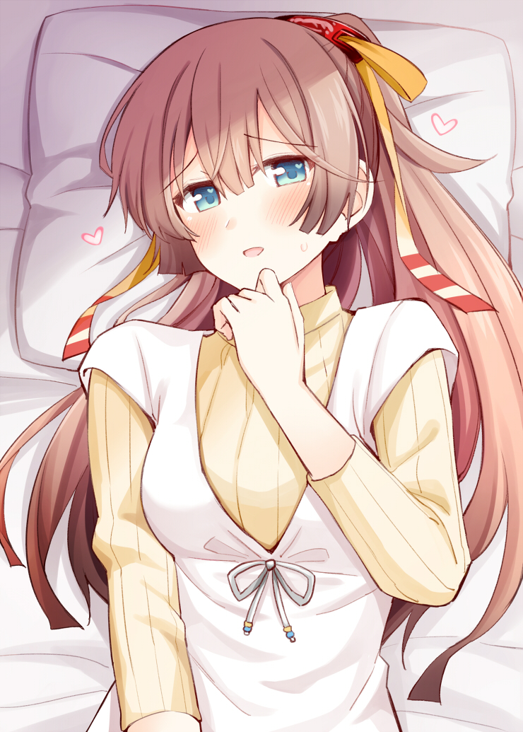 1girl blouse brown_hair grey_eyes hair_ribbon kantai_collection kazagumo_(kantai_collection) long_hair looking_at_viewer lying official_alternate_costume pillow ponytail revision ribbed_sweater ribbon rui_shi_(rayze_ray) solo sweater upper_body white_blouse yellow_sweater