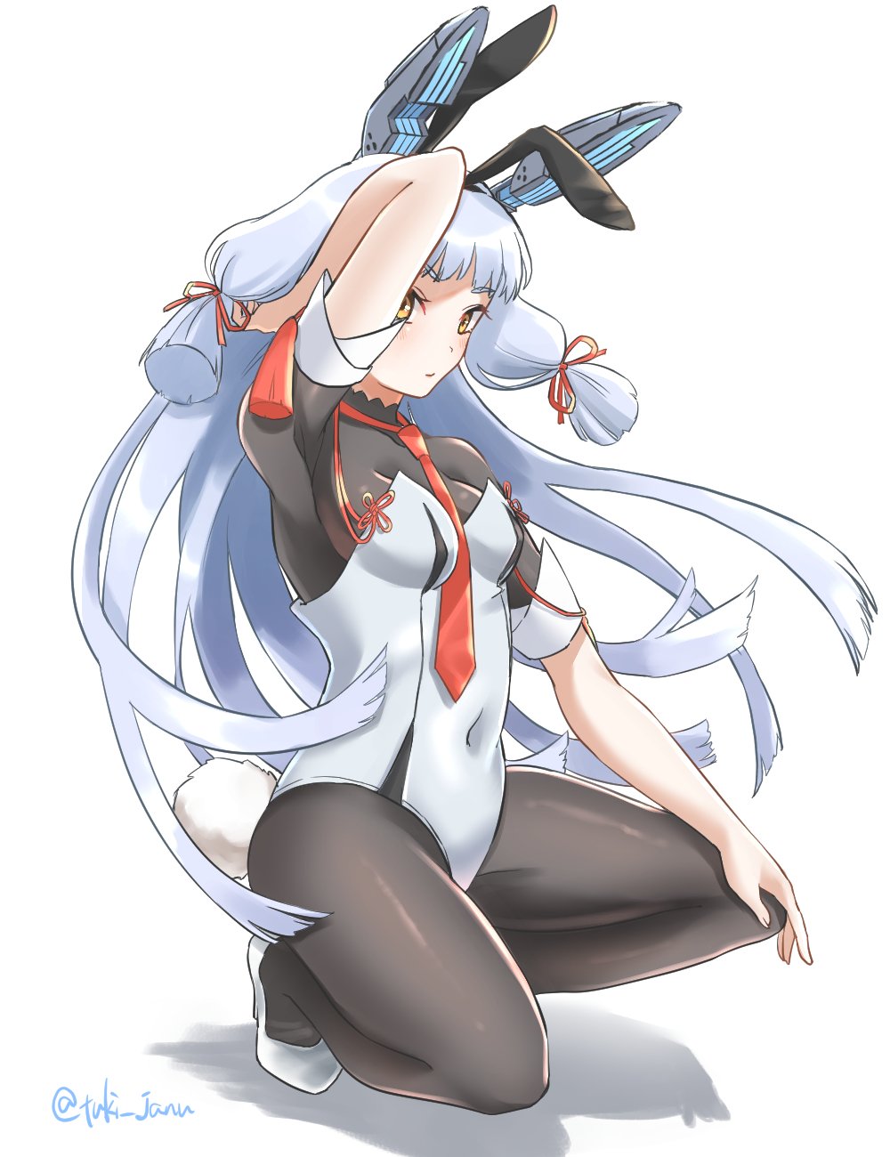 1girl adapted_costume animal_ears black_bodysuit bodystocking bodysuit bunny_tail bunnysuit commentary_request covered_navel hair_ribbon headgear high_heels highres kantai_collection leotard long_hair murakumo_(kantai_collection) necktie orange_eyes rabbit_ears red_neckwear remodel_(kantai_collection) ribbon short_eyebrows sidelocks silver_hair simple_background solo strapless strapless_leotard tail tress_ribbon tsukimura_(d24f4z8j3t) white_background white_footwear white_leotard