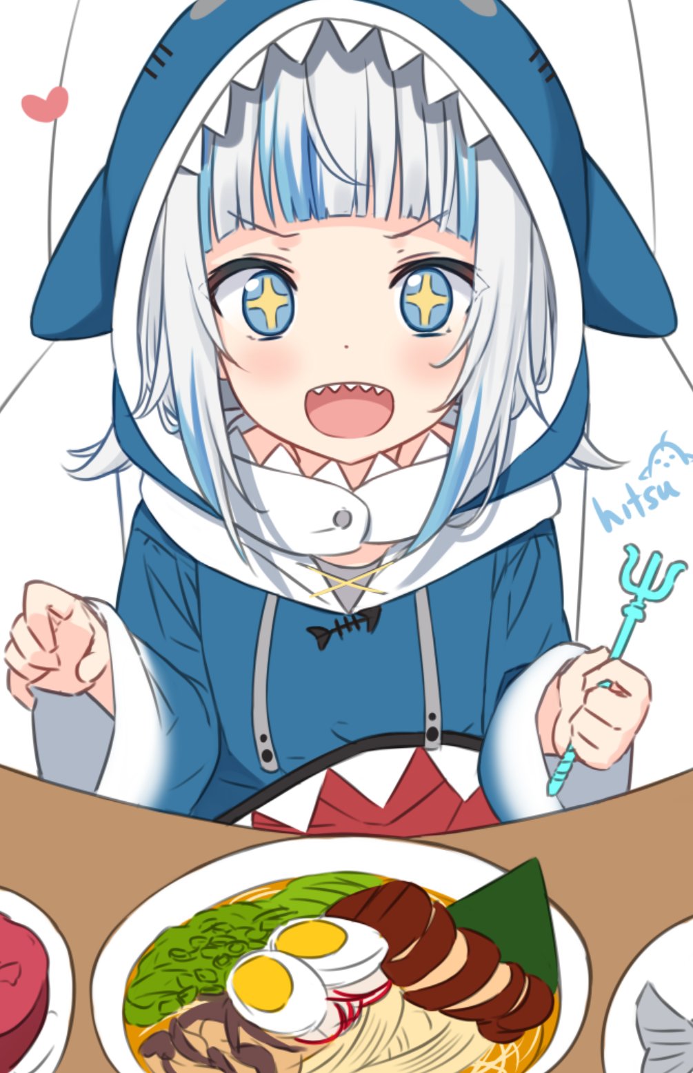 1girl :d bangs blue_eyes blue_hair blue_hoodie commentary drawstring egg english_commentary eyebrows_visible_through_hair food gawr_gura heart highres hitsukuya holding hololive hololive_english hood hood_up hoodie long_sleeves multicolored_hair noodles open_mouth plate polearm ramen shark_hood sharp_teeth signature silver_hair sleeves_past_wrists smile solo streaked_hair teeth trident v-shaped_eyebrows virtual_youtuber weapon wide_sleeves