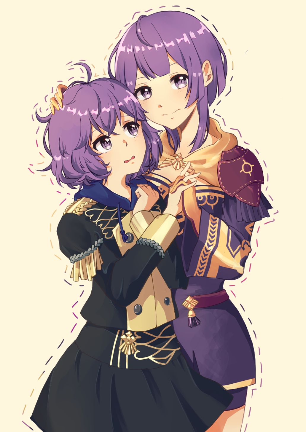 2girls age_progression ahoge armor bernadetta_von_varley dotted_line dual_persona fire_emblem fire_emblem:_three_houses garreg_mach_monastery_uniform hand_on_another's_head head_to_head highres interlocked_fingers looking_at_another looking_at_viewer looking_to_the_side looking_up messy_hair multiple_girls nervous open_mouth outline purple_hair short_hair shorts_under_dress shoulder_armor sidelocks simple_background spaulders t_amayuki_b tan_background violet_eyes