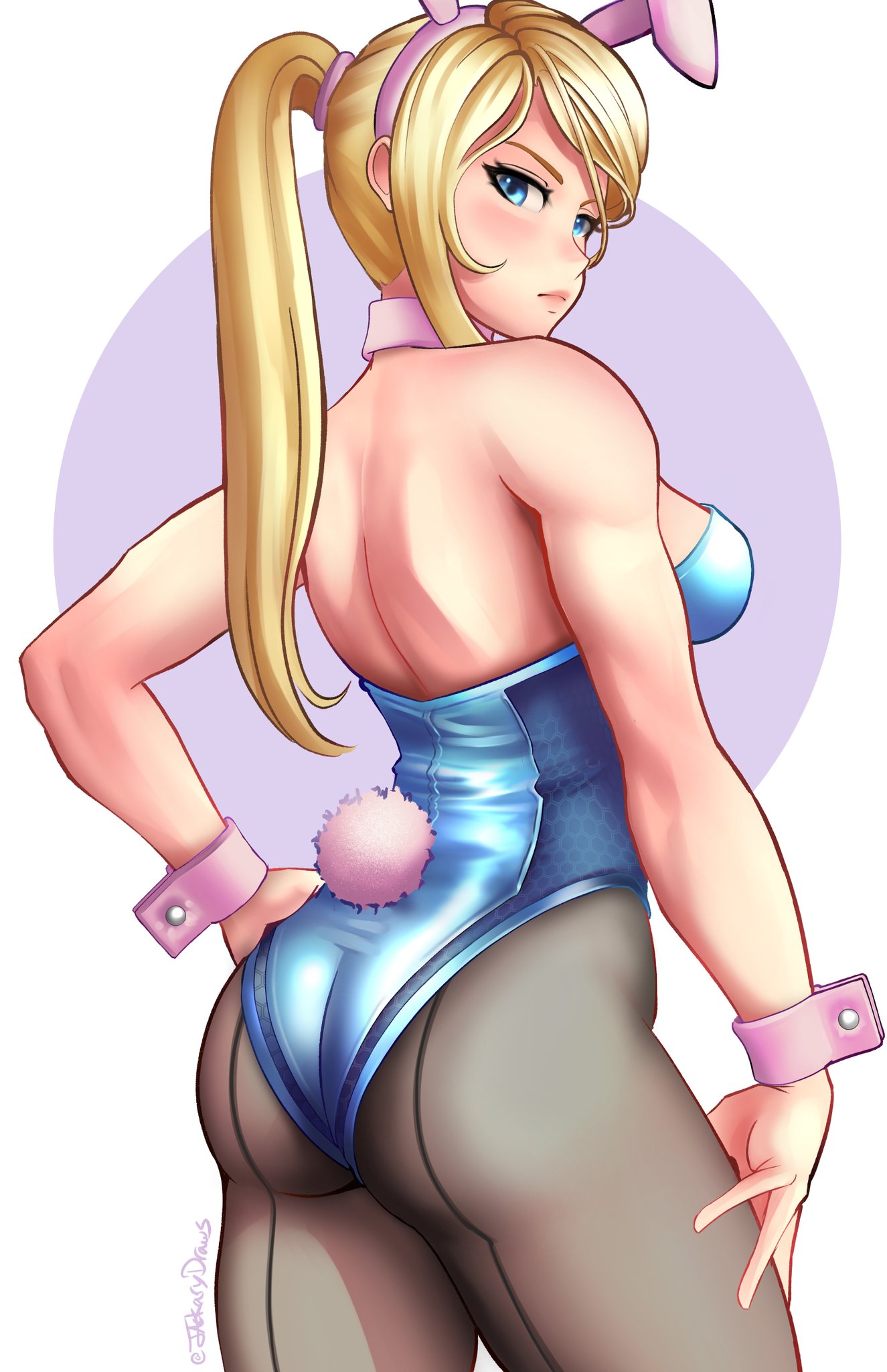 1girl adapted_costume animal_ears ass back-seamed_legwear bangs blonde_hair blue_eyes blue_leotard blush breasts bunny_ears bunny_tail choker eyebrows fake_animal_ears fake_tail from_behind hand_on_own_thigh highres jackary leotard lips looking_at_viewer looking_back medium_breasts metroid pantyhose parted_bangs playboy_bunny ponytail rabbit_ears samus_aran seamed_legwear sidelocks simple_background sleeve_cuffs solo strapless strapless_leotard tail toned twitter_username wrist_cuffs