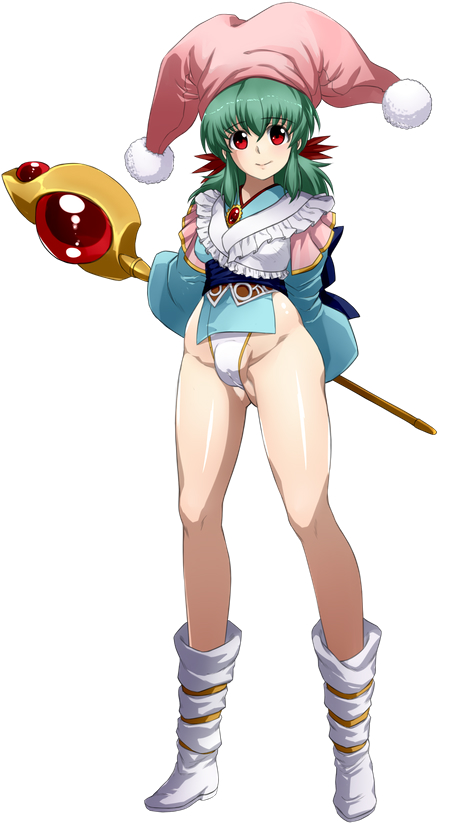 1girl ariina_(shiokeidanshi) arms_behind_back boots closed_mouth commentary_request cosplay eyebrows_visible_through_hair full_body gem green_hair hair_between_eyes hat highleg holding holding_wand jester_cap jewelry langrisser long_sleeves looking_at_viewer medium_hair red_eyes schelfaniel_(langrisser) schelfaniel_(langrisser)_(cosplay) simple_background smile solo standing wand white_background white_footwear wide_sleeves yukina_(yuu_yuu_hakusho) yuu_yuu_hakusho