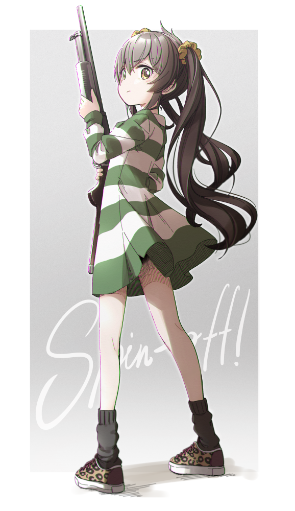 1girl animal_print bangs black_hair black_legwear brown_footwear dress eyebrows_visible_through_hair from_behind full_body grey_background gun hair_between_eyes hair_ornament hair_scrunchie holding holding_gun holding_weapon idolmaster idolmaster_cinderella_girls leopard_print long_hair long_sleeves looking_at_viewer looking_back m870 matoba_risa print_footwear scrunchie shoes shotgun socks solo standing striped striped_dress twintails very_long_hair weapon weapon_request yellow_eyes yellow_scrunchie yukie_(kusaka_shi)