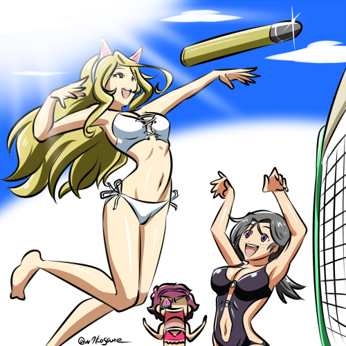 3girls :d animal_ears bikini black_swimsuit blonde_hair blue_sky breasts cat_ears clothing_cutout clouds cloudy_sky commentary day eyepatch fake_animal_ears food freckles fruit girls_und_panzer grey_hair hairband jaw_drop jumping kogane_(staygold) long_hair looking_at_another lowres medium_breasts momogaa_(girls_und_panzer) multiple_girls navel navel_cutout nekonyaa_(girls_und_panzer) no_eyewear open_mouth outdoors peach pink_bikini pink_hairband piyotan_(girls_und_panzer) ponytail redhead shaded_face side-tie_bikini sky smile sparkle spiking standing strapless strapless_bikini swimsuit tank_shell twitter_username volleyball_net white_bikini