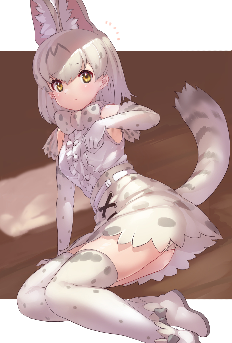 1girl :3 animal_ears bare_shoulders blush boots bow bowtie commentary_request elbow_gloves extra_ears eyebrows_visible_through_hair flying_sweatdrops gloves highres kemono_friends looking_at_viewer on_bed pillow print_gloves print_legwear print_neckwear print_skirt serval_ears serval_girl serval_print serval_tail shirt short_hair skirt sleeveless solo tadano_magu tail thigh-highs white_background white_footwear white_gloves white_hair white_neckwear white_serval_(kemono_friends) white_shirt white_skirt yellow_eyes zettai_ryouiki