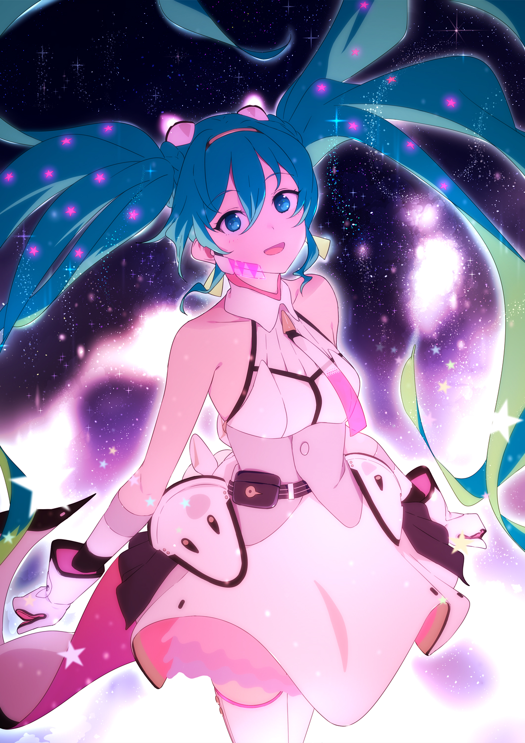 1girl :d bangs bare_shoulders blue_eyes blue_hair blush breasts collarbone collared_dress commentary detached_sleeves dress eyebrows_visible_through_hair floating_hair gloves green_hair hair_between_eyes hairband hatsune_miku highres long_hair looking_at_viewer medium_breasts multicolored_hair open_mouth pink_hairband pleated_dress sleeveless sleeveless_dress smile sohin solo star_(symbol) striped_sleeves two-tone_hair very_long_hair vocaloid white_dress white_gloves