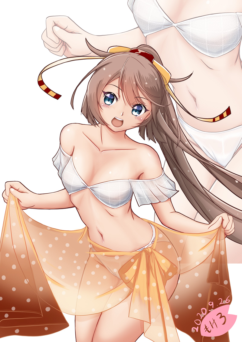 1girl artist_logo bikini breasts brown_hair collarbone commentary_request cowboy_shot dated facing_viewer grey_eyes hair_ribbon kantai_collection kazagumo_(kantai_collection) long_hair looking_to_the_side moke_ro open_mouth orange_sarong ponytail remodel_(kantai_collection) ribbon round_teeth sarong simple_background small_breasts solo standing swimsuit teeth upper_teeth white_background white_bikini zoom_layer