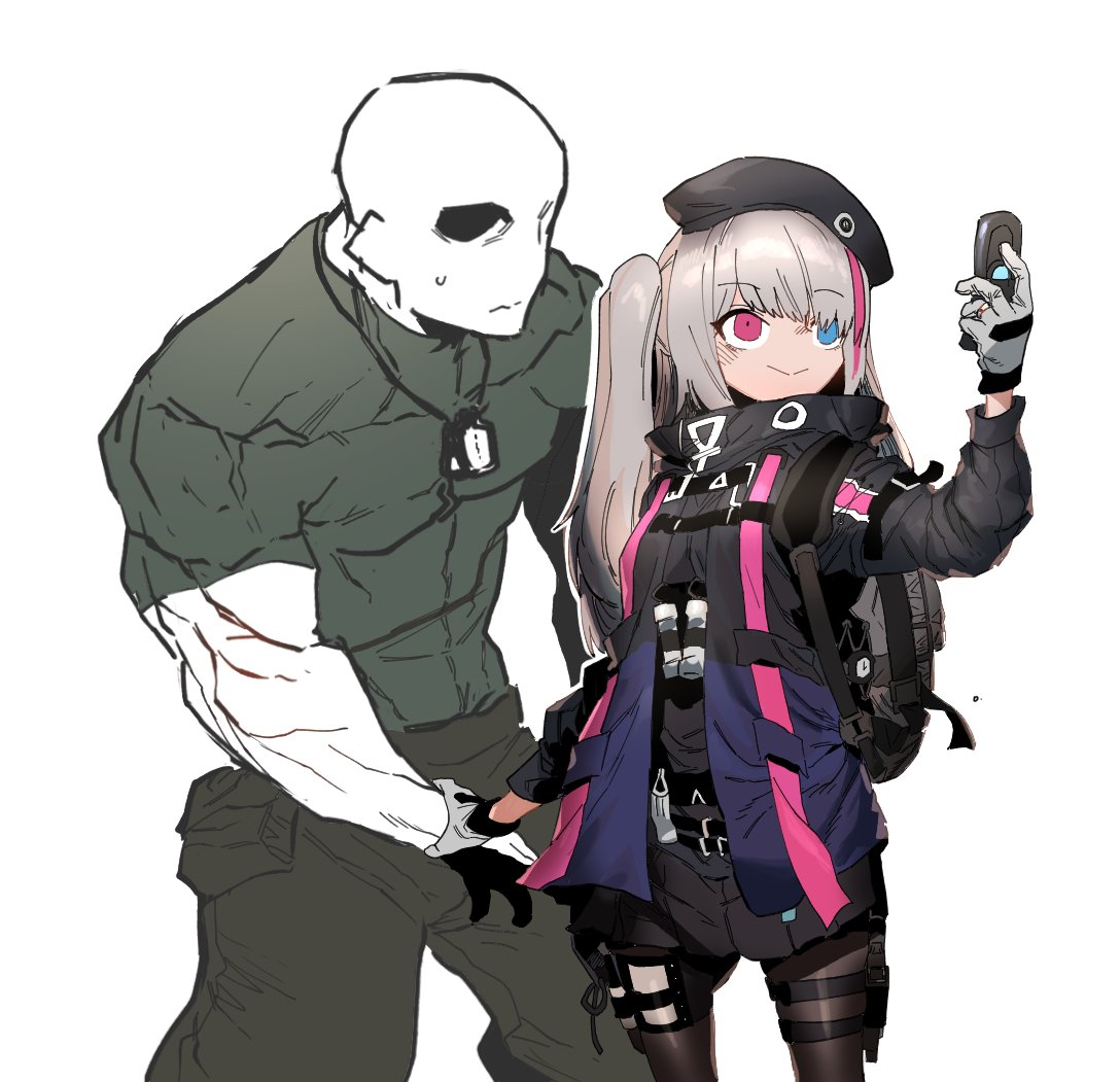 1boy 1girl beret black_headwear black_jacket black_skirt blue_eyes brown_legwear cellphone character_request closed_mouth eyebrows_visible_through_hair flip_phone girls_frontline gloves grey_gloves grey_hair hat heterochromia holding holding_phone jacket long_sleeves multicolored_hair pantyhose phone pink_eyes self_shot skirt smile ssambatea standing streaked_hair twintails white_background