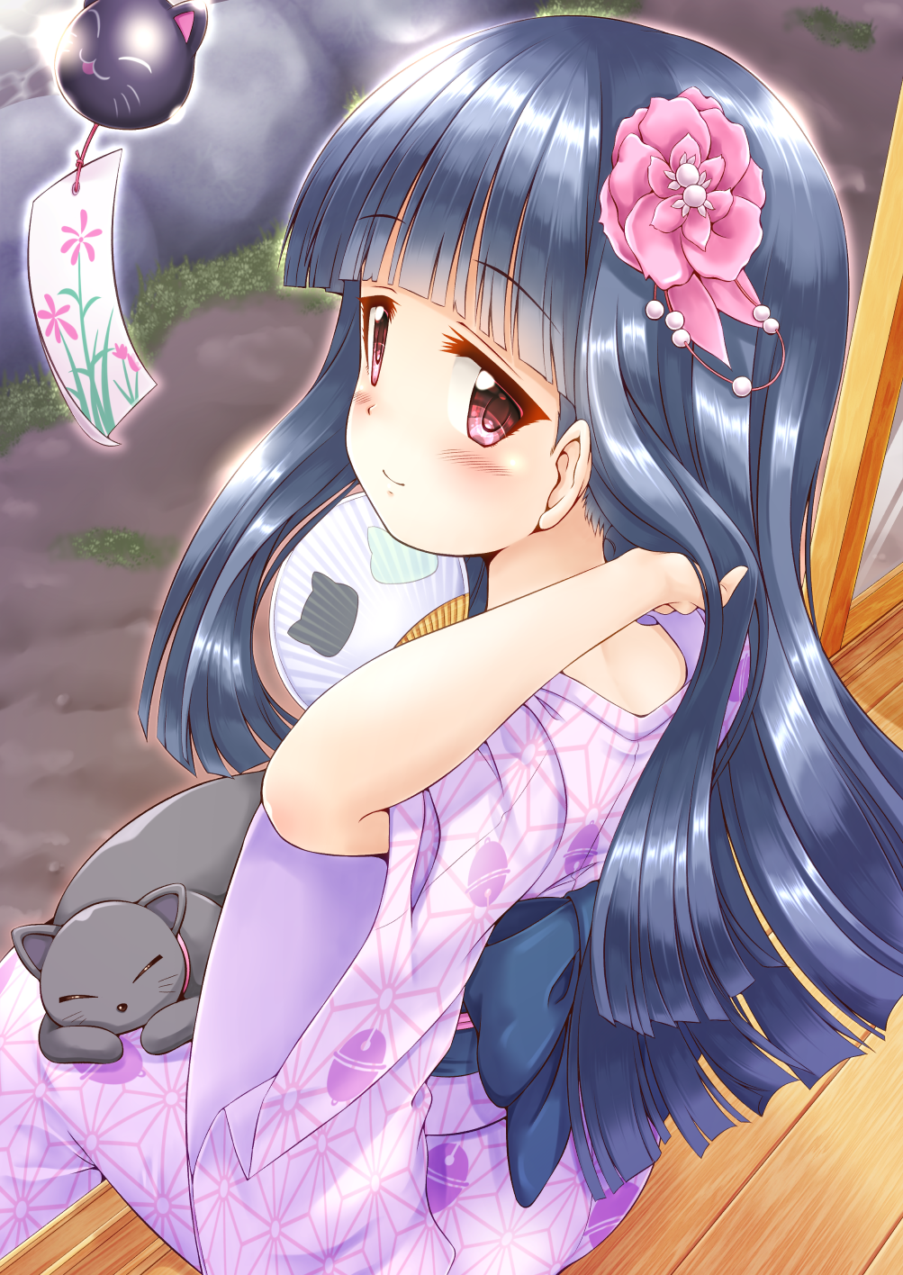 1girl animal animal_on_lap back_bow bangs black_cat black_hair blue_bow blush bow cat closed_mouth commentary_request day eyebrows_visible_through_hair fan flower hair_flower hair_ornament hand_in_hair hand_up highres idolmaster idolmaster_cinderella_girls japanese_clothes kimono long_hair looking_at_viewer looking_back obi paper_fan pink_flower purple_kimono red_eyes regular_mow sajou_yukimi sash sitting smile solo uchiwa veranda very_long_hair wind_chime