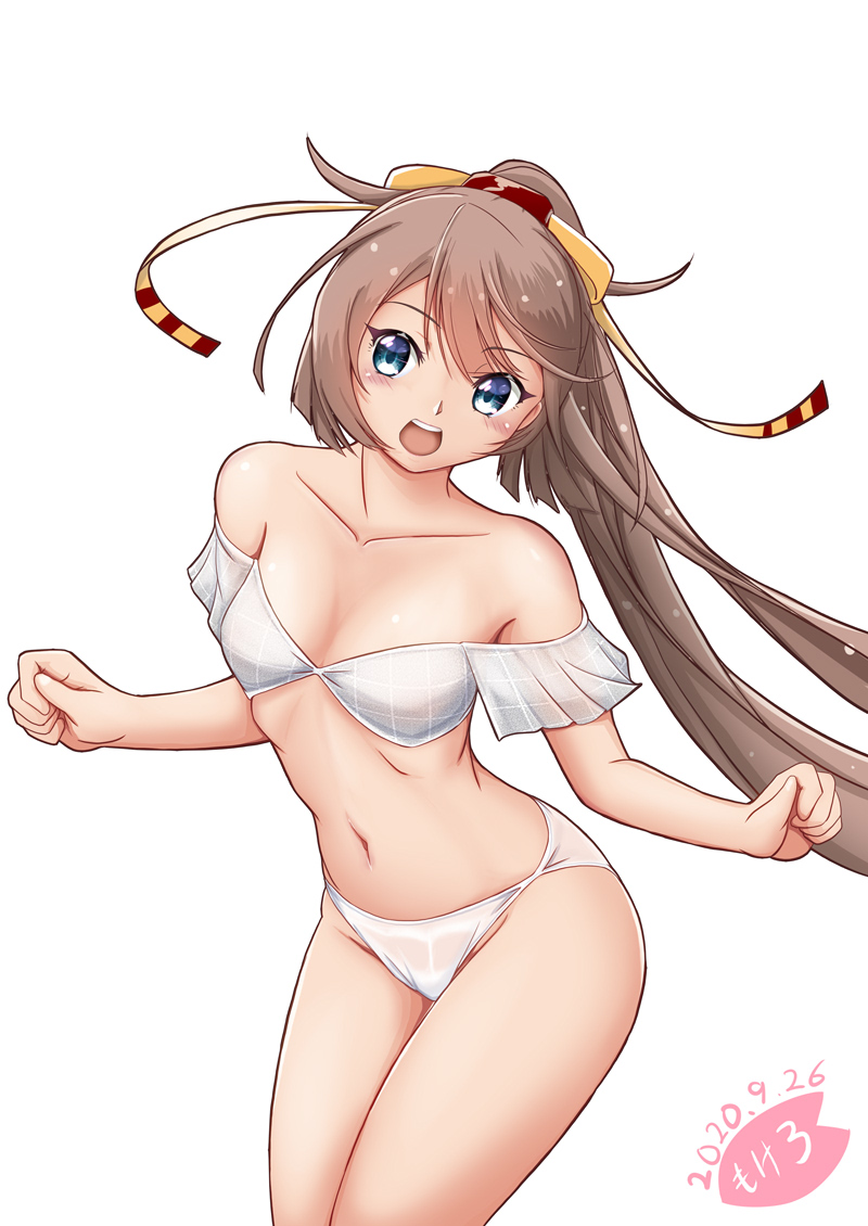1girl artist_logo bikini breasts brown_hair collarbone commentary_request cowboy_shot dated facing_viewer grey_eyes hair_ribbon kantai_collection kazagumo_(kantai_collection) long_hair looking_to_the_side moke_ro open_mouth ponytail remodel_(kantai_collection) ribbon round_teeth simple_background small_breasts solo standing swimsuit teeth upper_teeth white_background white_bikini