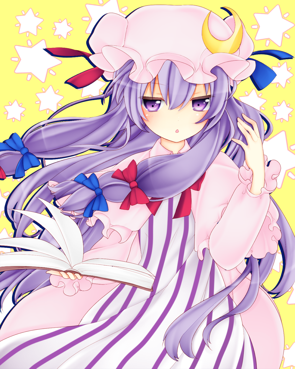 1girl blue_bow blush book bow capelet chestnut_mouth cowboy_shot crescent dress eyebrows_visible_through_hair frills hair_between_eyes hair_bow hat highres holding holding_book jitome long_hair maki65 mob_cap open_book open_mouth patchouli_knowledge purple_hair red_bow red_neckwear star_(symbol) striped striped_dress touhou very_long_hair violet_eyes white_dress yellow_background