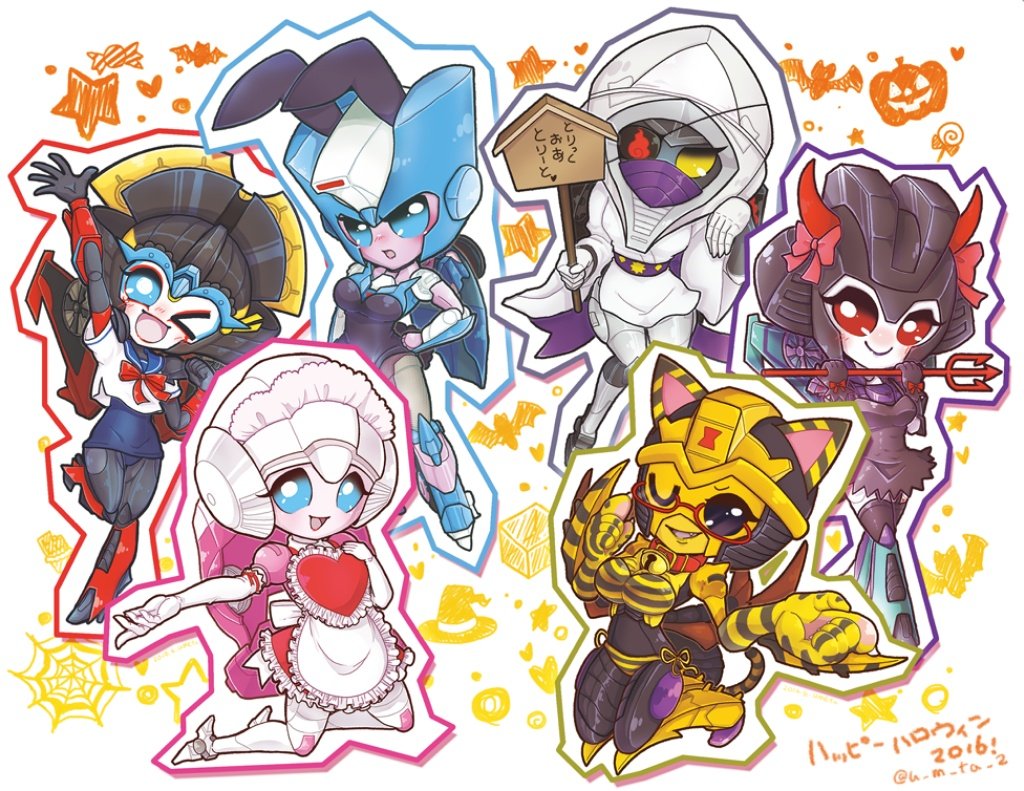 6+girls alternate_costume animal_ears arcee autobot beast_wars black_dress black_eyes blackarachnia blue_eyes blush bunnysuit cat_ears chibi chromia clenched_hand cosplay decepticon dress enmaided eyepatch hand_on_hip maid multiple_girls nightbird_(transformers) no_humans one_eye_closed one_eye_covered predacon red_eyes school_uniform serafuku slipstream transformers umetarou_(jack_sgt) windblade yellow_eyes