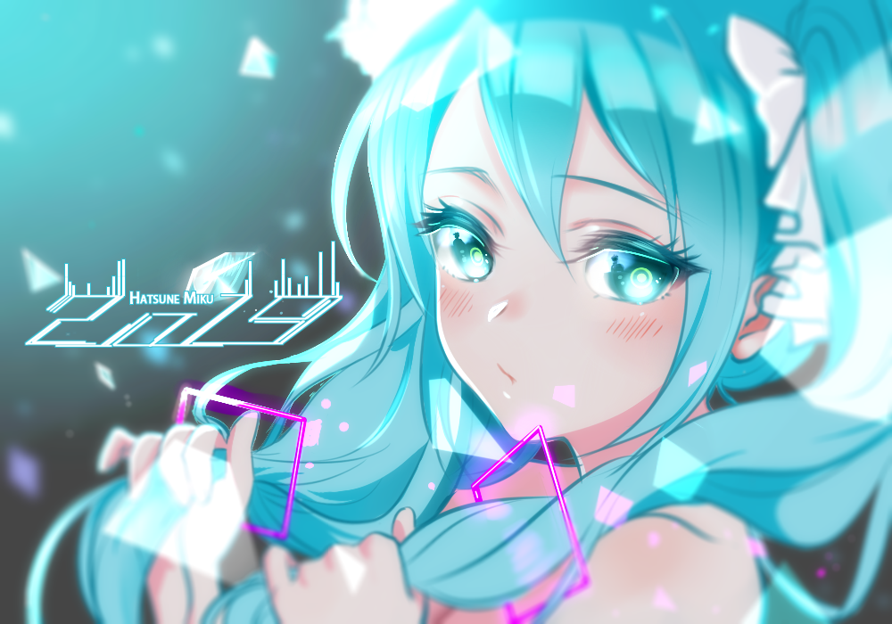 1girl aqua_eyes aqua_hair bare_shoulders blurry blurry_background blurry_foreground blush closed_mouth commentary_request crystal depth_of_field expressionless eyelashes face frills gou_d gradient hair_between_eyes hatsune_miku hatsune_miku_(vocaloid4)_(chinese) holding holding_hair long_hair looking_at_viewer portrait ringed_eyes solo twintails vocaloid