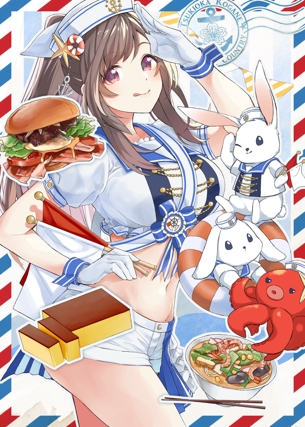 1girl :q animal breasts brown_hair cowboy_shot crop_top flag food gloves hamburger hand_on_hip hand_up hat highres idolmaster idolmaster_shiny_colors lifebuoy long_hair looking_at_viewer medium_breasts midriff navel noodles octopus pekoni_(peconi) ponytail pudding rabbit ramen red_eyes sailor_hat salute sash shirt short_shorts short_sleeves shorts smile solo stomach tongue tongue_out tsukioka_kogane white_gloves white_headwear white_shirt white_shorts