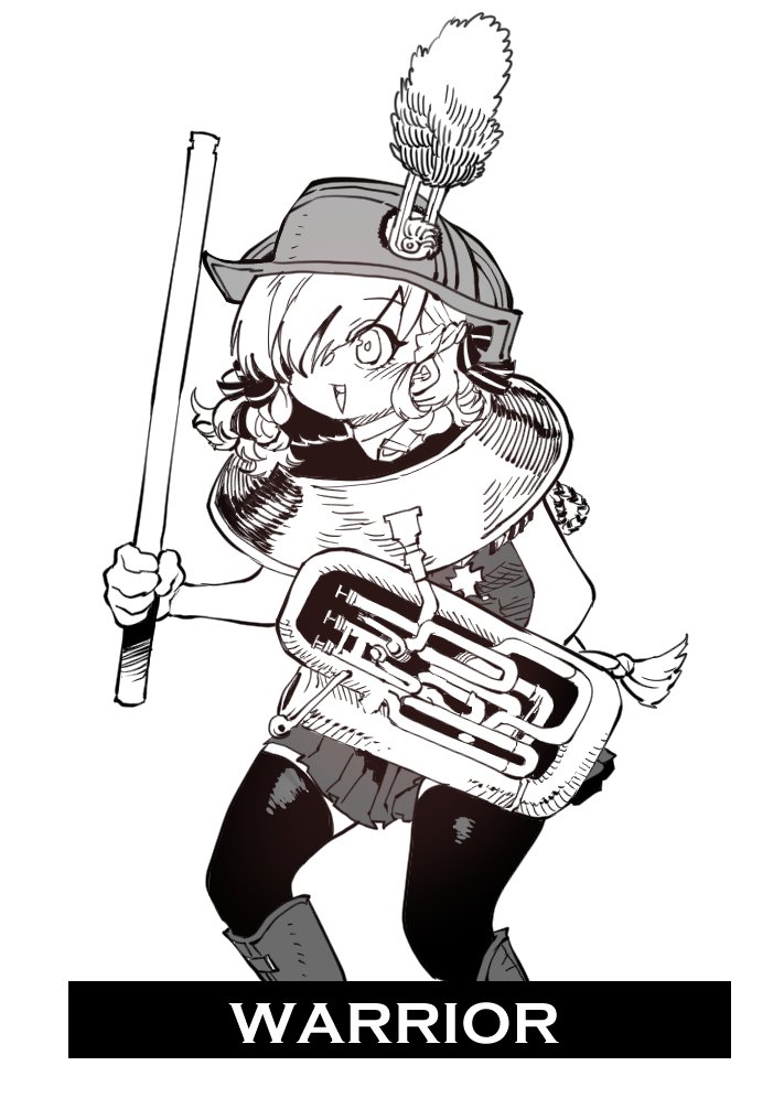 1girl :d ankle_boots blush boots english_text feet_out_of_frame girls_frontline greyscale hat holding instrument meme monochrome open_mouth photo-referenced pleated_skirt plume simple_background skirt smile solo spas-12_(girls_frontline) ssambatea standing thigh-highs tuba white_background