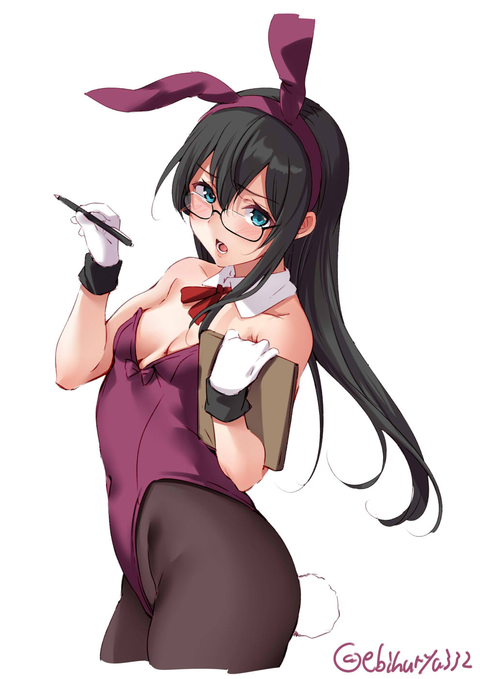 1girl alternate_costume animal_ears black_hair blush breasts brown_legwear bunny_tail bunnysuit clipboard commentary_request covered_navel cowboy_shot cropped_legs detached_collar ebifurya fake_animal_ears glasses gloves hairband highres holding holding_pen kantai_collection leotard long_hair looking_at_viewer ooyodo_(kantai_collection) open_mouth pantyhose pen rabbit_ears semi-rimless_eyewear simple_background small_breasts solo strapless strapless_leotard tail twitter_username under-rim_eyewear white_background wrist_cuffs