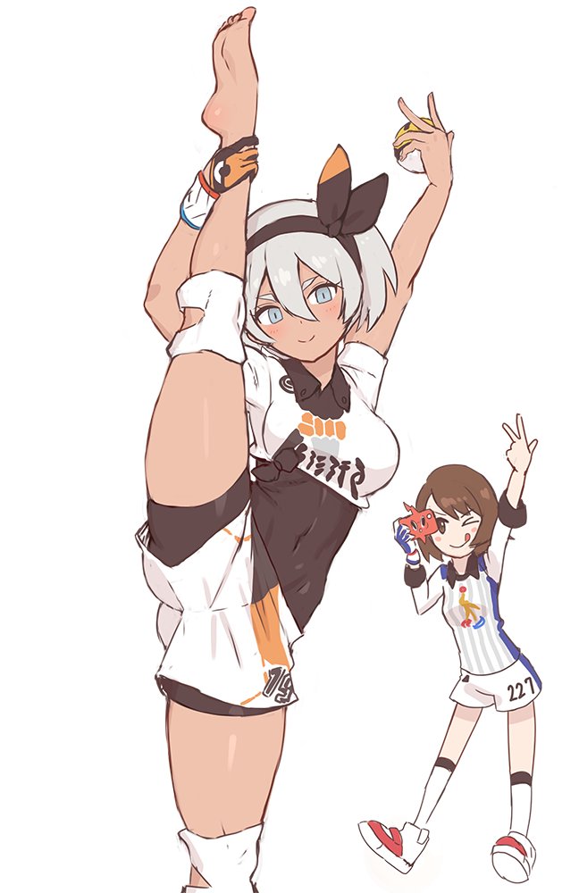2girls abs arm_up armband ass barefoot bea_(pokemon) black_bodysuit blush blush_stickers bodysuit breasts brown_eyes brown_hair closed_mouth commentary covered_navel cowboy_shot crop_top cropped_shirt dark_skin gen_4_pokemon gloria_(pokemon) gloves grey_eyes hair_between_eyes hairband holding holding_poke_ball knee_pads kneehighs leg_hold looking_at_viewer medium_breasts multiple_girls nidy one_eye_closed orange_gloves poke_ball pokemon pokemon_(game) pokemon_swsh pose rotom rotom_phone shirt shoes short_hair short_shorts short_sleeves shorts silver_hair simple_background single_glove skin_tight smile soles split standing standing_on_one_leg standing_split striped striped_shirt taking_picture toned tongue tongue_out ultra_ball uniform vertical-striped_shirt vertical_stripes white_background white_footwear white_legwear white_shirt white_shorts wristband