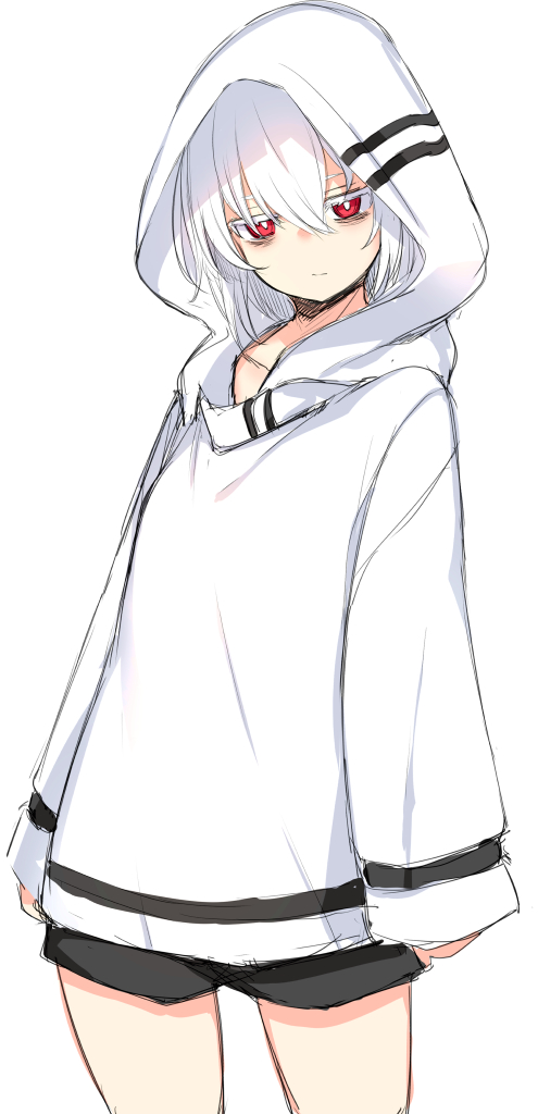 1girl bangs hood hoodie looking_at_viewer original otokuyou red_eyes short_hair simple_background sketch solo white_background white_hair