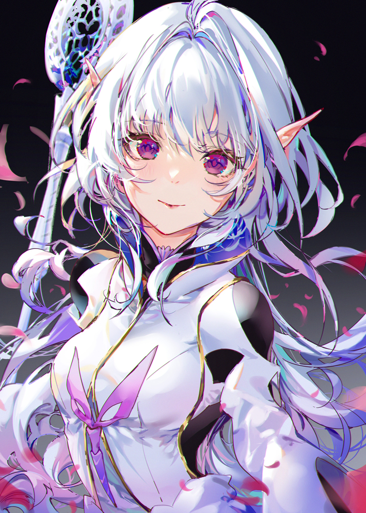 1girl ahoge bangs blush breasts closed_mouth fate/grand_order fate/prototype fate_(series) gradient gradient_background holding holding_staff kinokohime long_hair long_sleeves looking_at_viewer medium_breasts merlin_(fate/prototype) petals smile staff very_long_hair violet_eyes white_hair white_robe wide_sleeves