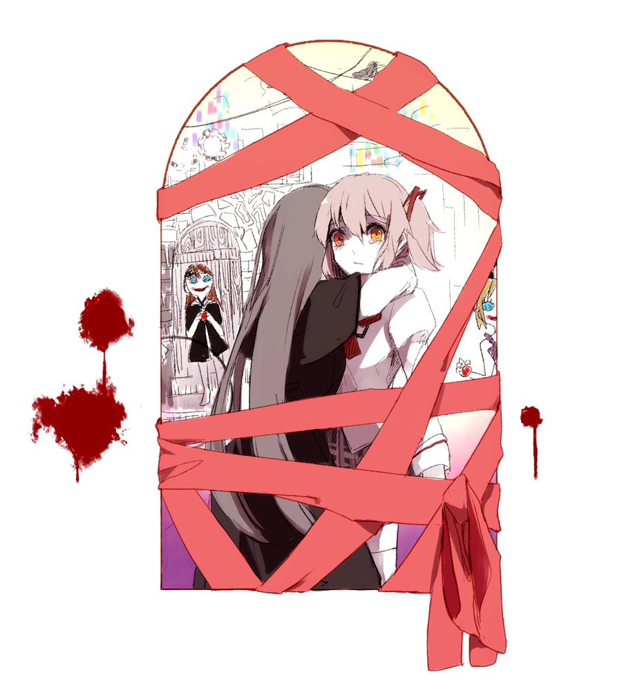 2girls akemi_homura apple arm_at_side arms_around_neck beige_background black_capelet black_dress black_hair blonde_hair blood blood_splatter blood_trail blue_eyes blush_stickers brown_hair building capelet city clara_dolls_(madoka_magica) closed_mouth colorful crying crying_with_eyes_open dress eyebrows_visible_through_hair facing_away facing_viewer familiar_(madoka_magica) food from_behind from_outside fruit funeral_dress gradient gradient_background hair_ribbon hanyae heterochromia holding holding_food holding_fruit homulilly hug indoors juliet_sleeves kaname_madoka long_hair long_sleeves looking_afar mahou_shoujo_madoka_magica mahou_shoujo_madoka_magica_movie mitakihara_school_uniform multiple_girls pale_skin pink_background pink_eyes pink_hair pink_ribbon puffy_sleeves purple_background red_ribbon ribbon sad school_uniform shaded_face simple_background spiral_eyes straight_hair tears thigh-highs twintails uniform white_background white_legwear white_skin wide-eyed window wrapped_up yellow_eyes