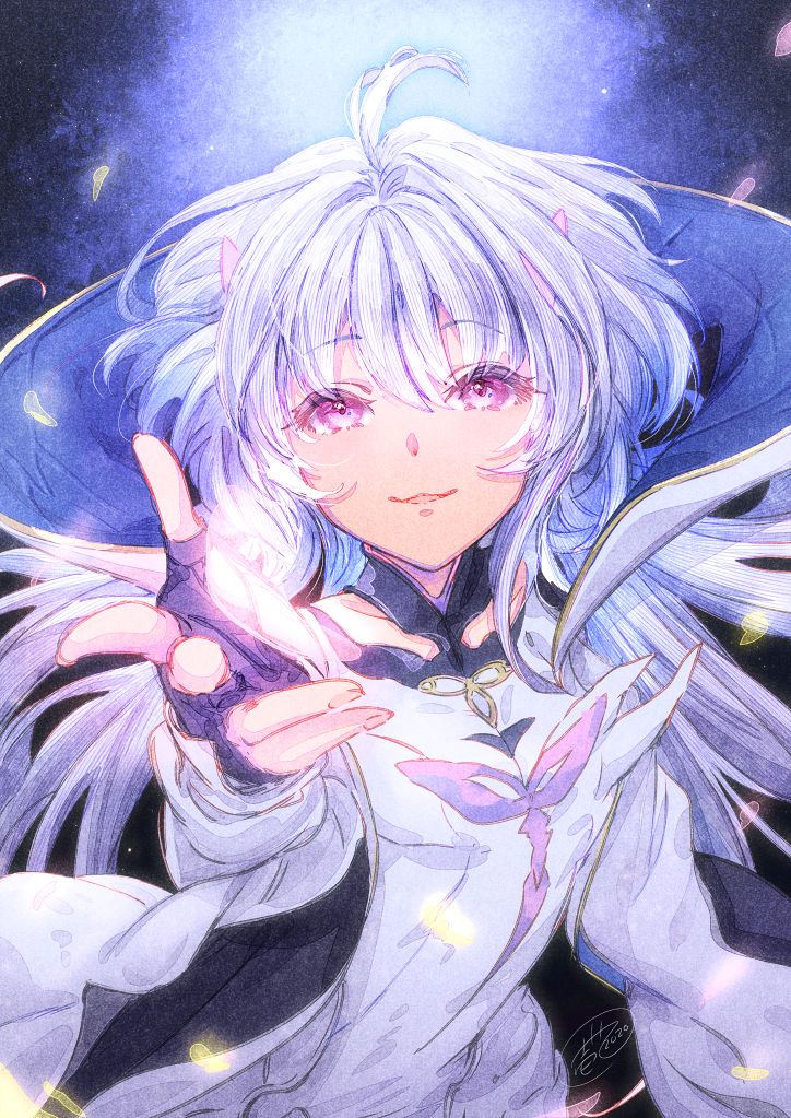 1girl ahoge bangs black_gloves breasts fate/grand_order fate/prototype fate_(series) fingerless_gloves gloves ittokyu long_hair long_sleeves looking_at_viewer medium_breasts merlin_(fate/prototype) outstretched_arm parted_lips petals smile very_long_hair violet_eyes white_hair white_robe wide_sleeves