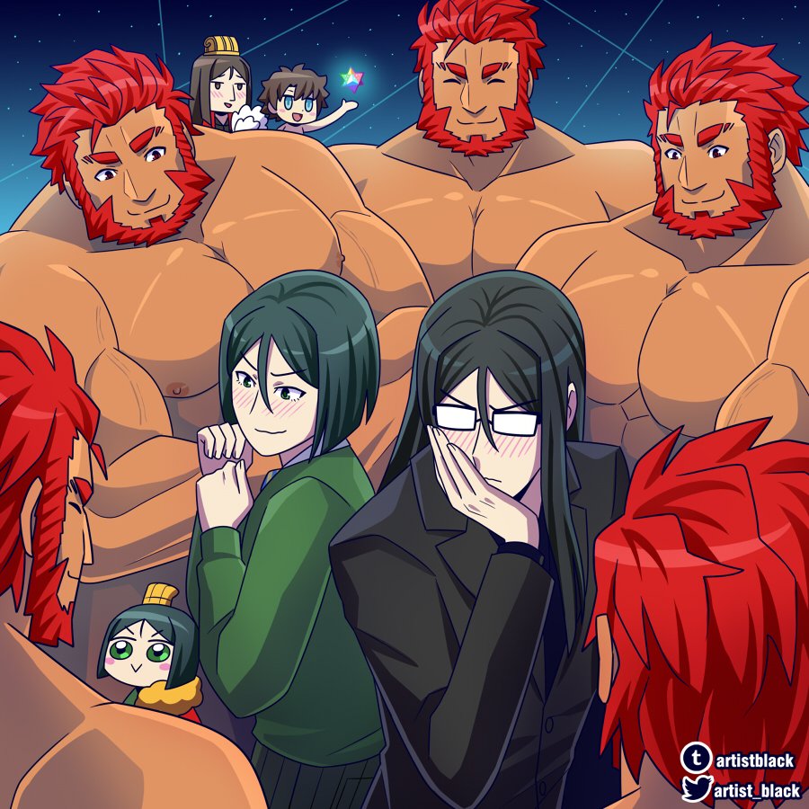 6+boys ^_^ abs artist_black artist_name bara bare_chest beard chest chibi clone closed_eyes facial_hair fate/grand_order fate/zero fate_(series) fujimaru_ritsuka_(male) gameplay_mechanics green_eyes green_hair hand_to_own_mouth iskandar_(fate) male_focus manly multiple_boys muscle nipples red_eyes redhead saint_quartz shiny shiny_skin shirtless short_hair upper_body waver_velvet yaoi