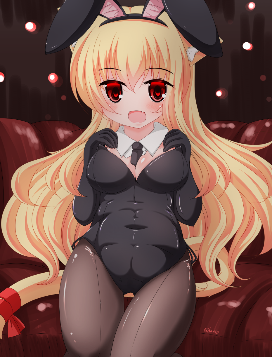 :d animal_ear_fluff animal_ears bangs black_gloves black_leotard black_neckwear blonde_hair blush breasts brown_legwear bunny_girl bunnysuit cat_ears cat_girl cat_tail collar commentary_request couch covered_navel detached_collar elbow_gloves eyebrows_visible_through_hair fang gloves hair_between_eyes hands_up highres indoors kanijiru large_breasts leotard long_hair looking_at_viewer on_couch open_mouth original pantyhose rabbit_ears red_eyes red_ribbon ribbon sitting smile solo strapless strapless_leotard tail tail_raised very_long_hair white_collar wing_collar