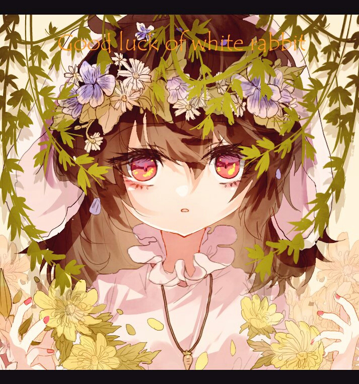 1girl animal_ears bangs brown_hair bunny_girl carrot_necklace collar dress english_text engrish_text eyebrows_visible_through_hair fingernails flower foliage frilled_collar frills hair_between_eyes hair_flower hair_ornament head_wreath inaba_tewi letterboxed looking_at_viewer medium_hair pink_dress rabbit_ears ranguage red_eyes shinjitsu_no_kuchi solo touhou upper_body white_background white_flower
