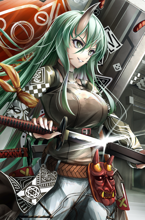 1girl alternate_costume arknights bangs belt black_shirt breasts brown_belt commentary_request cowboy_shot glint green_hair grey_eyes grey_pants grin hair_between_eyes holding holding_sword holding_weapon horns hoshiguma_(arknights) katana large_breasts long_hair long_sleeves mask oni_mask pants scabbard sheath shirt single_horn smile solo standing sword unsheathing v-shaped_eyebrows weapon yokaze_(yokajie)