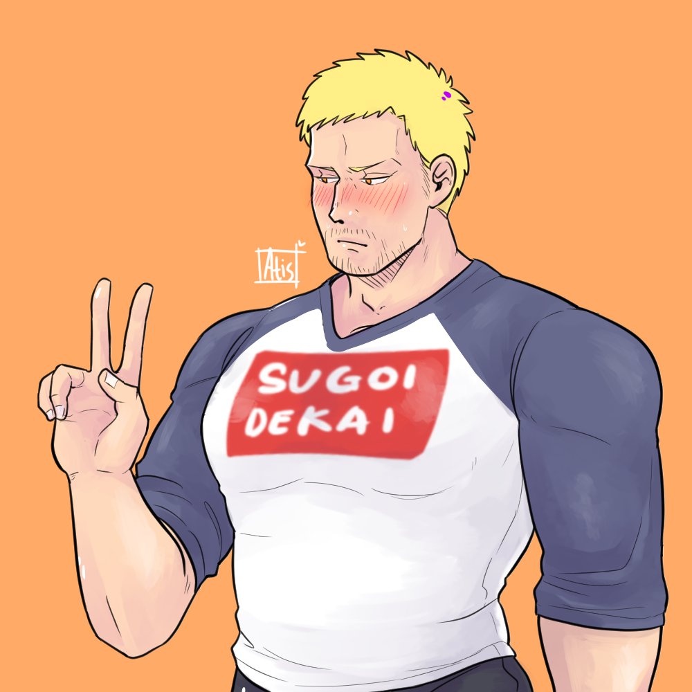 1boy atiskw bara blonde_hair blush brown_eyes chest cosplay facial_hair looking_away male_focus meme_attire muscle orange_background raglan_sleeves reiner_braun shingeki_no_kyojin shirt short_hair solo stubble sugoi_dekai uzaki-chan_wa_asobitai! uzaki_hana uzaki_hana_(cosplay) v v-neck