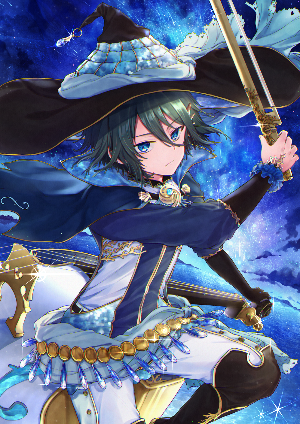 black_headwear blue_background blue_eyes bow_(instrument) brooch capelet day double_bass glint green_hair hair_ornament hairclip highres instrument jewelry long_sleeves looking_at_viewer nekogu_rui outdoors pixiv_fantasia pixiv_fantasia_age_of_starlight sitting sparkle water