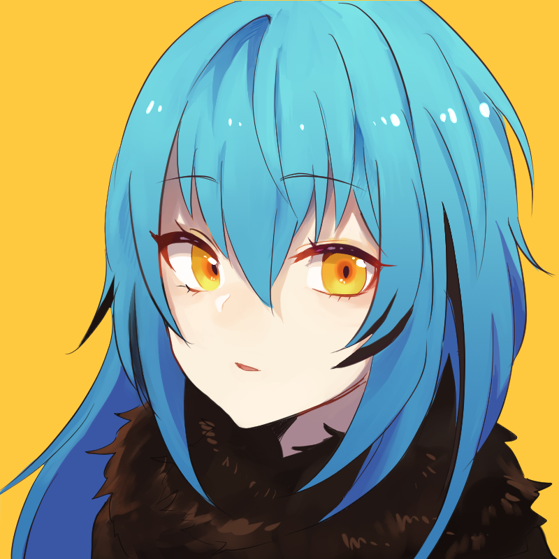 1other androgynous bangs blue_hair eyebrows_visible_through_hair fur fur_collar fur_scarf hair_between_eyes long_hair looking_at_viewer open_mouth rimuru_tempest sakusan_yousoeki scarf simple_background solo tensei_shitara_slime_datta_ken yellow_background yellow_eyes