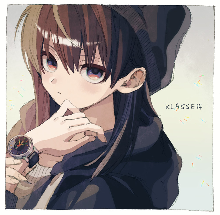 1girl beanie black_headwear black_jacket border brown_hair closed_mouth grey_sweater hand_up hat hood hood_down hooded_jacket jacket ka_(marukogedago) klasse14 looking_at_viewer multicolored multicolored_eyes plant potted_plant red_eyes solo sweater violet_eyes watch watch white_border