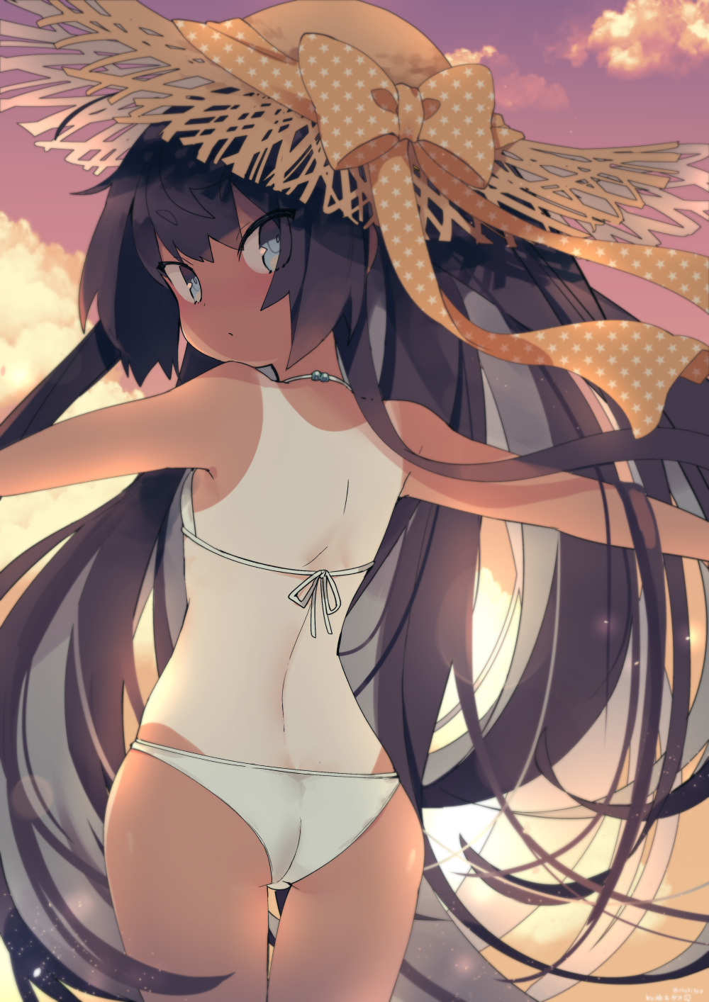 1girl arms_up ass bikini black_hair blue_eyes breasts clouds from_behind hat highres long_hair looking_back one-piece_tan original outdoors outstretched_arms sky small_breasts solo sun_hat swimsuit tan tanline thigh_gap thighs very_long_hair white_bikini yuzuki_gao