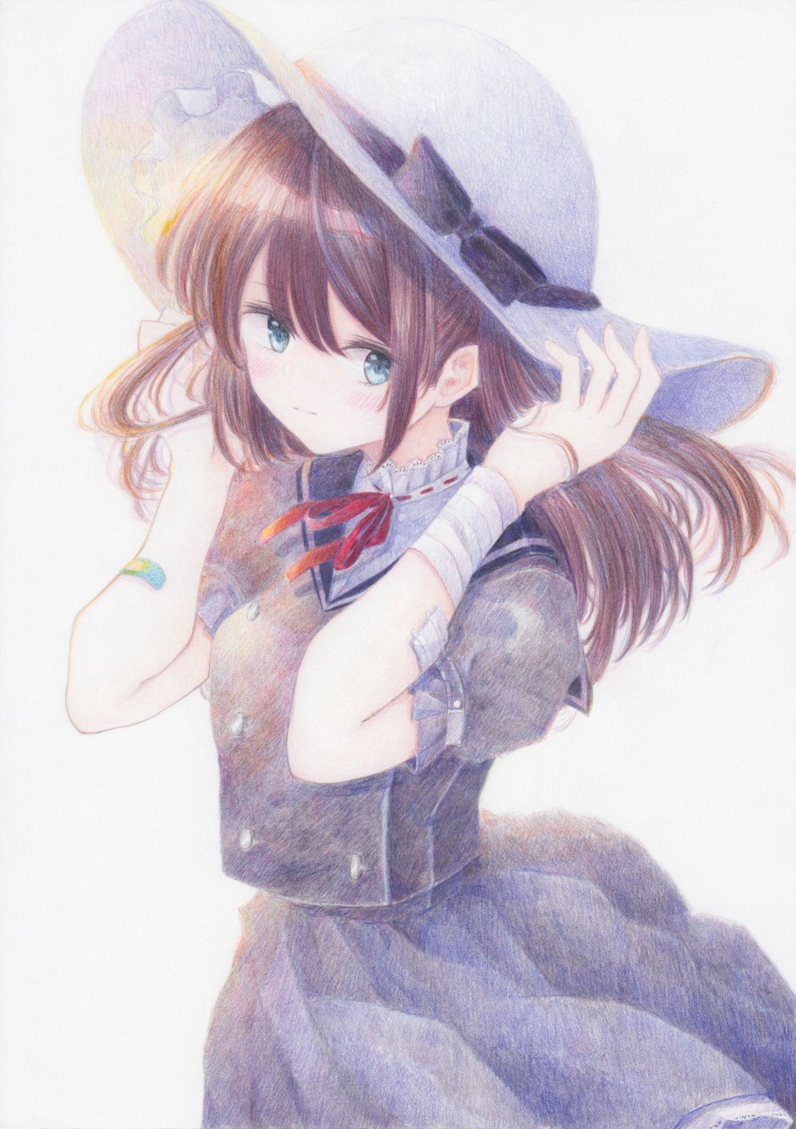 1girl bandages bandaid blue_eyes blush brown_hair colored_pencil_(medium) darkkanan dress eyes_visible_through_hair graphite_(medium) hat highres long_hair looking_at_viewer school_uniform sidelocks simple_background skirt solo standing traditional_media watercolor_(medium)