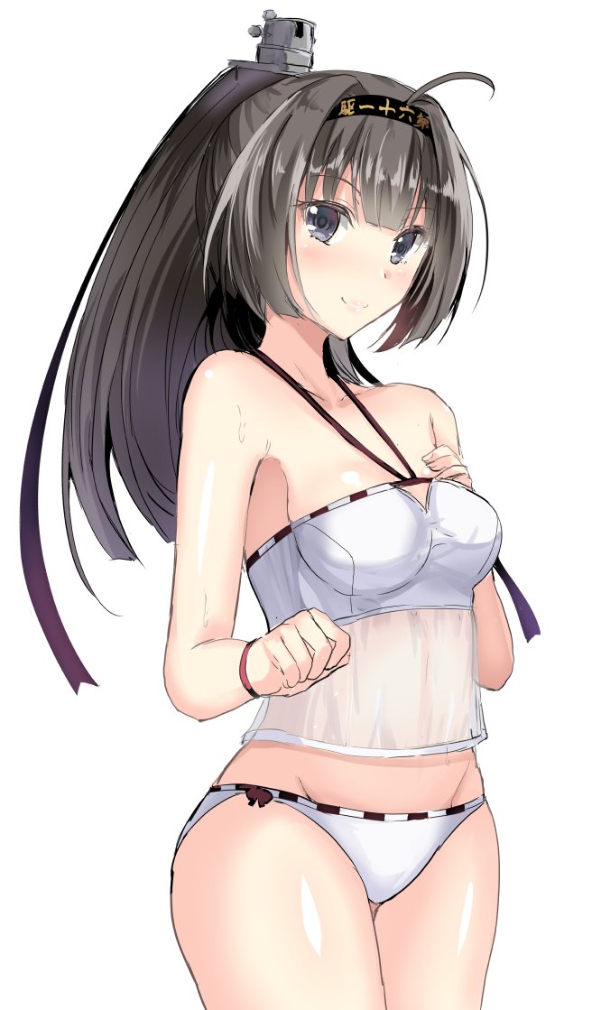 1girl ahoge akizuki_(kantai_collection) bikini black_hair black_headband breasts clothes_writing collarbone cowboy_shot gin'ichi_(akacia) hachimaki headband kantai_collection long_hair medium_breasts ponytail simple_background solo standing swimsuit white_background white_bikini