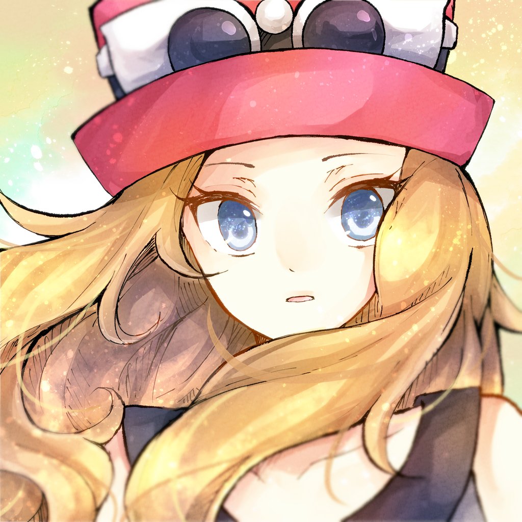 1girl black_shirt blonde_hair blue_eyes blurry collarbone eyelashes eyewear_on_headwear floating_hair hat long_hair parted_lips pink_headwear pokemon pokemon_(game) pokemon_xy portrait serena_(pokemon) shirt sleeveless sleeveless_shirt solo sunglasses yomogi_(black-elf)