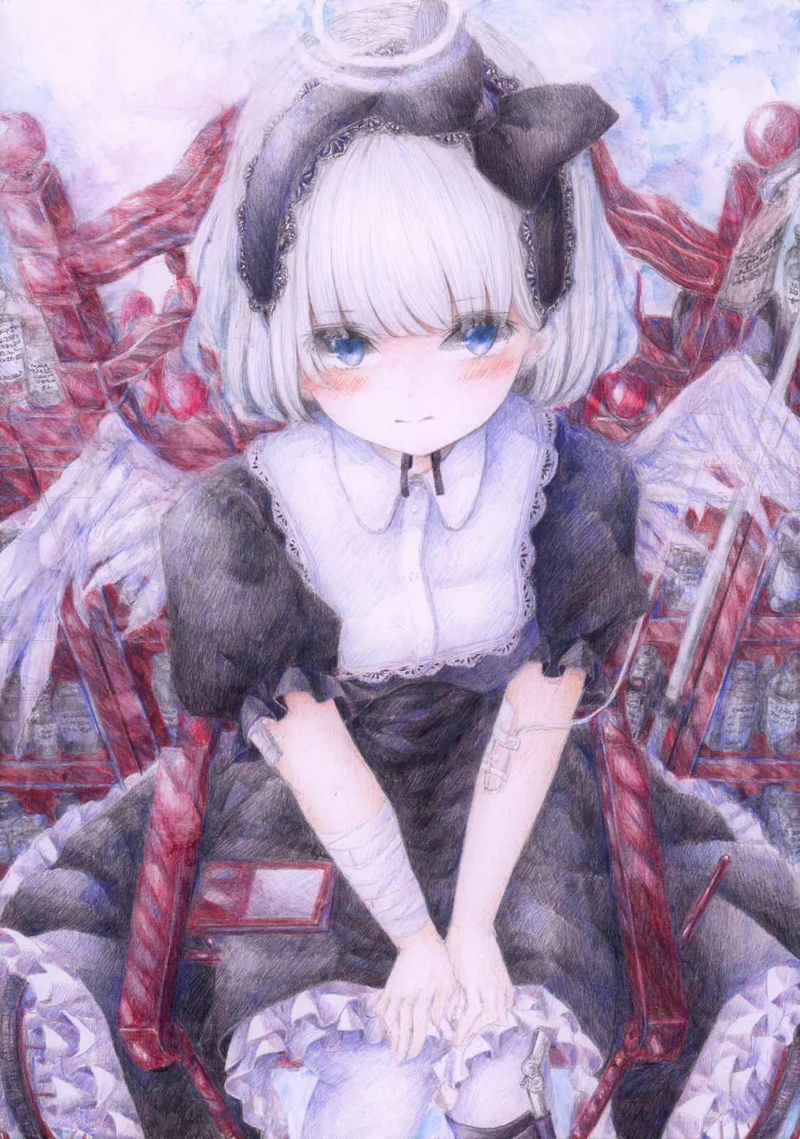 1girl angel angel_wings bib black_dress blue_eyes blush bob_cut chair colored_pencil_(medium) darkkanan dress eyes_visible_through_hair gothic_lolita graphite_(medium) hairband halo highres intravenous_drip leg_brace lolita_fashion lolita_hairband looking_at_viewer original pantyhose scenery short_hair sitting solo traditional_media watercolor_(medium) wheelchair white_hair white_legwear wings