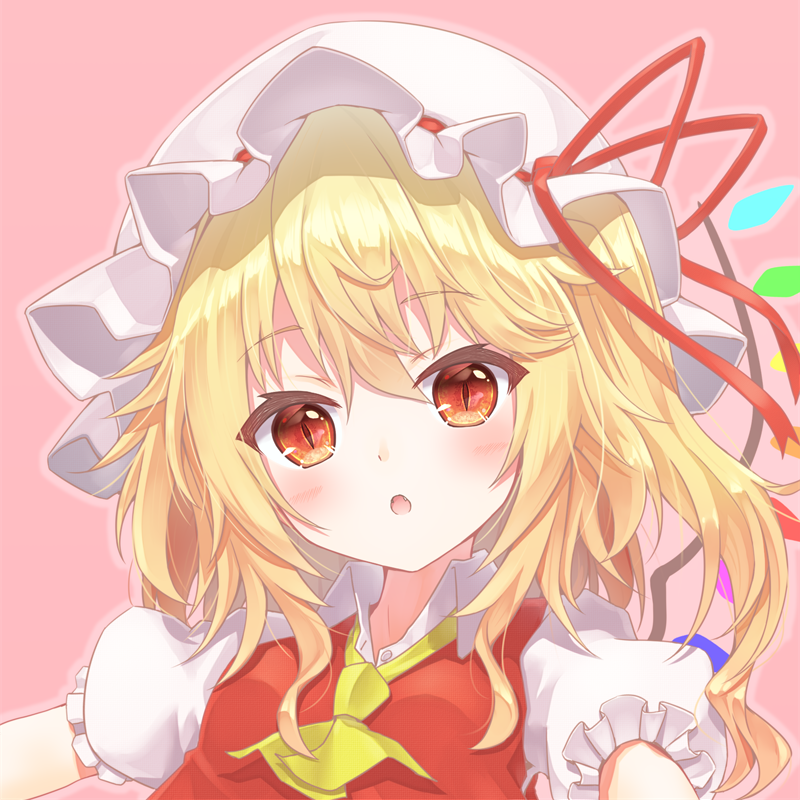 1girl :o blonde_hair blush close-up commentary_request cravat crystal face fangs flandre_scarlet flat_chest frilled_sleeves frills hair_between_eyes hat medium_hair mob_cap one_side_up open_mouth outline pink_background puffy_short_sleeves puffy_sleeves red_eyes red_ribbon red_vest ribbon short_sleeves simple_background slit_pupils tangent_(reflans) touhou unbuttoned upper_body vest wings yellow_neckwear