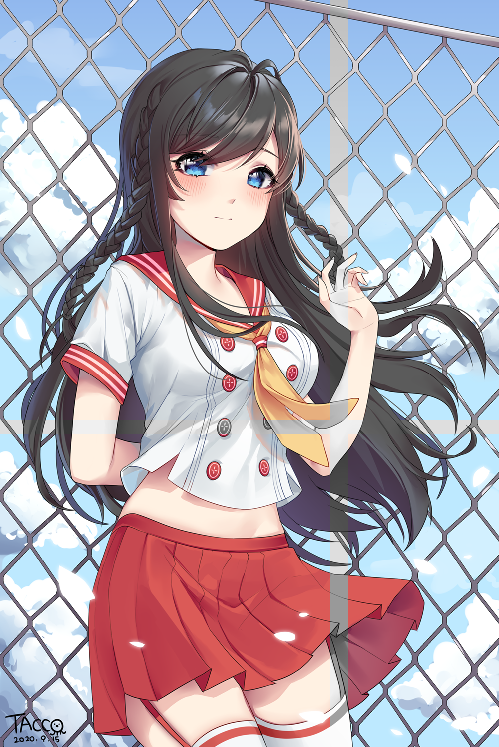 1girl arm_behind_back bangs black_hair blue_eyes blush braid breasts chain-link_fence check_copyright closed_mouth clouds commentary_request commission copyright_request cowboy_shot day double-breasted eyebrows_visible_through_hair fence hand_up highres long_hair looking_at_viewer midriff miniskirt neckerchief original outdoors pleated_skirt red_skirt sailor_collar school_uniform serafuku shirt short_sleeves skirt sky solo tacco_(tikeworld) thigh-highs thighs white_legwear white_shirt zettai_ryouiki