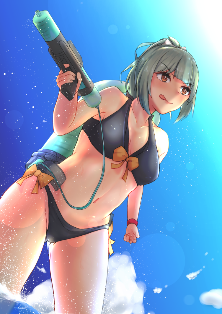 1girl blue_sky bow breasts brown_eyes clouds collarbone cowboy_shot day grey_hair hair_bow kantai_collection kouno_(no04-264c) long_hair navel outdoors ponytail sky small_breasts solo standing tongue tongue_out water_gun yuubari_(kantai_collection)